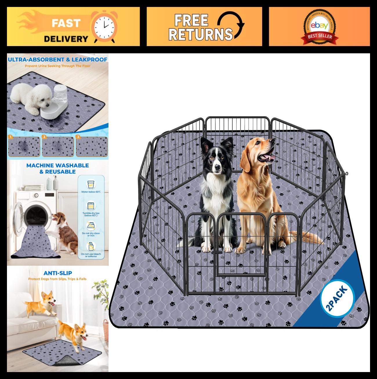 Large Non-Slip Washable Dog Pee Pads 63″x63″ – 2 Pack Ultra-Absorbent Leak-Proof