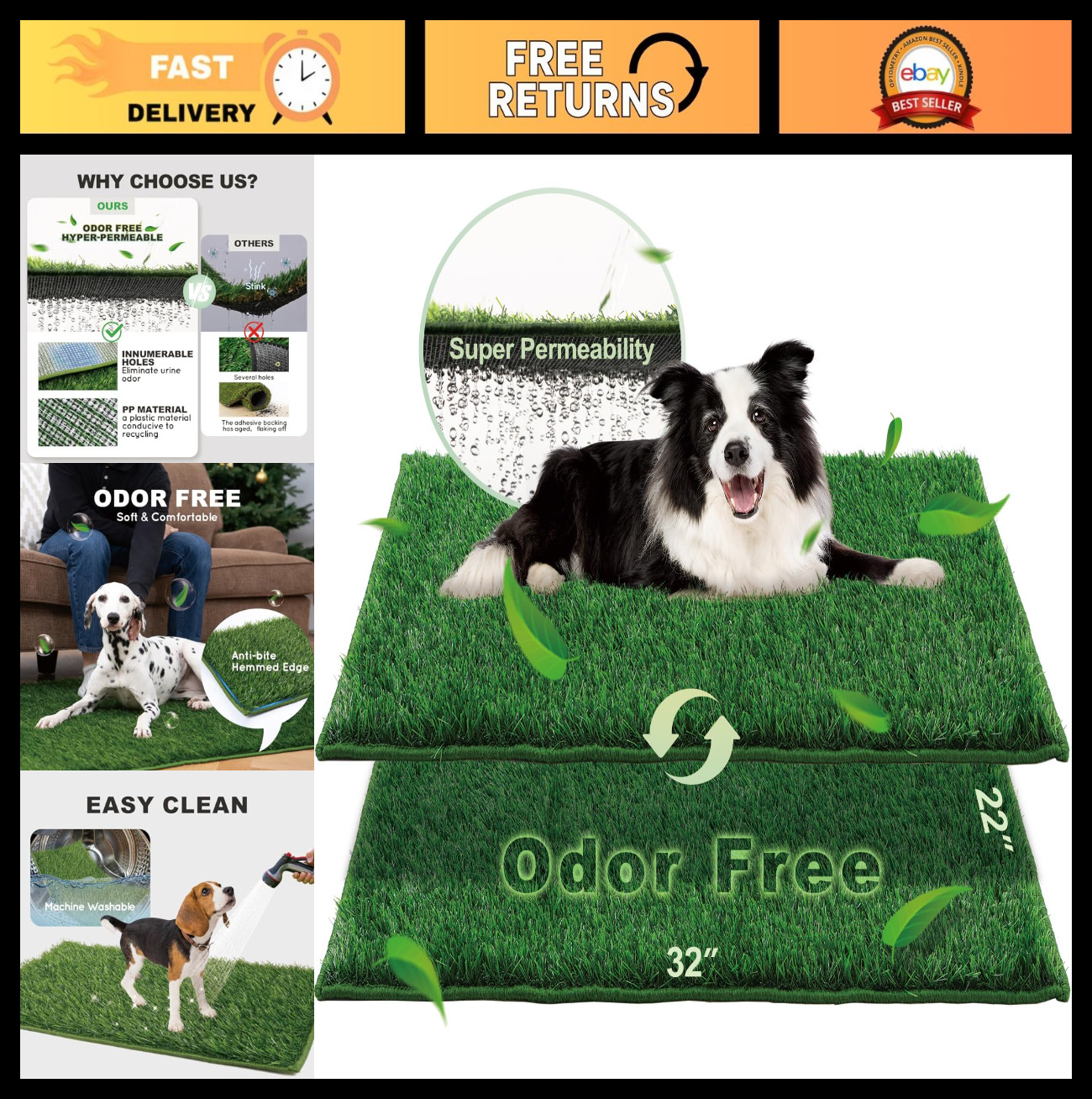 Artificial Grass Dog Pee Pads – 2PCS Odor-Free Fake Grass 32″x22″ with Drainage