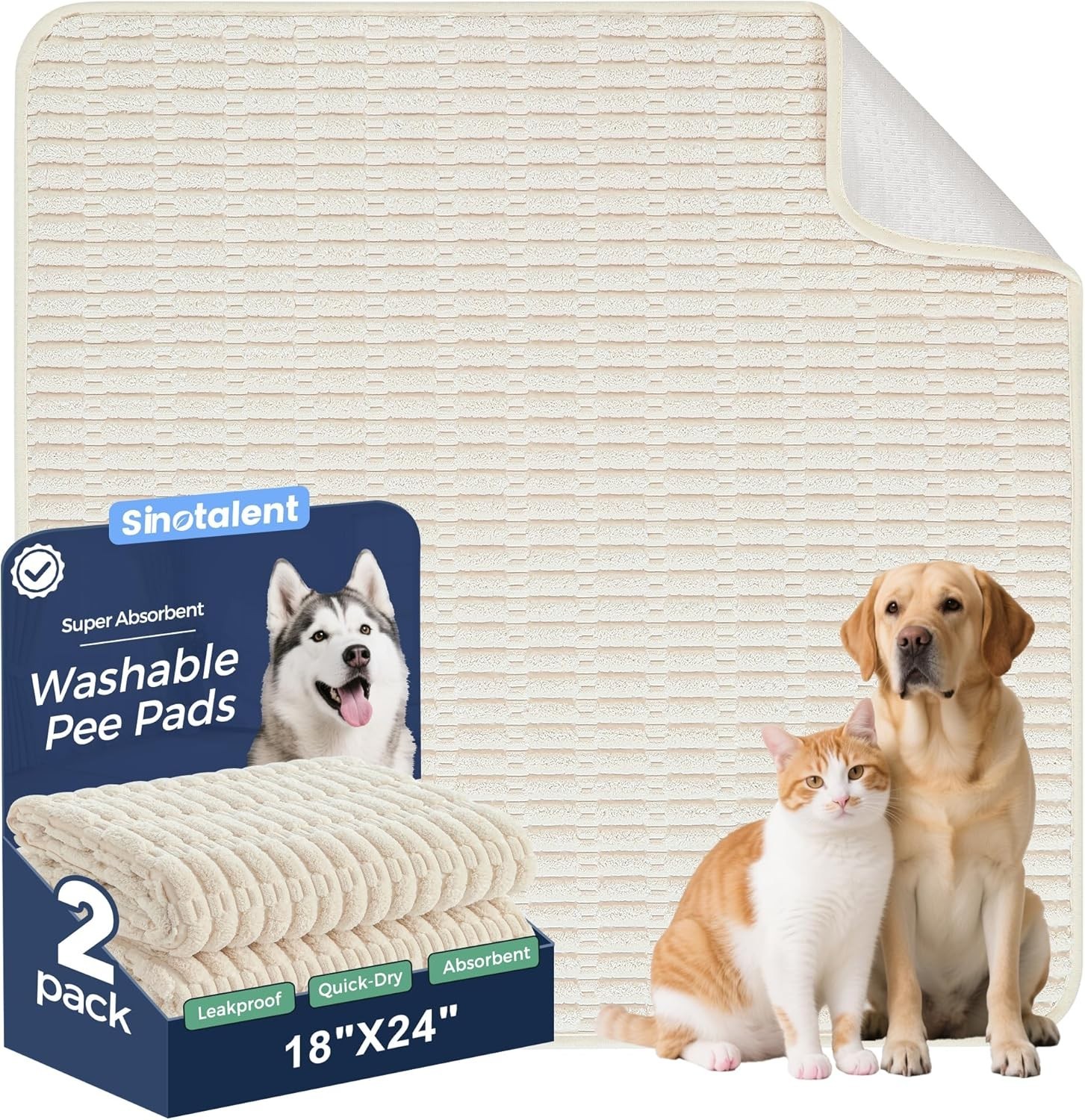 Washable Dog Pee Pads 18″x24″ Cream White Reusable Non-Slip for Puppies 2 Pack