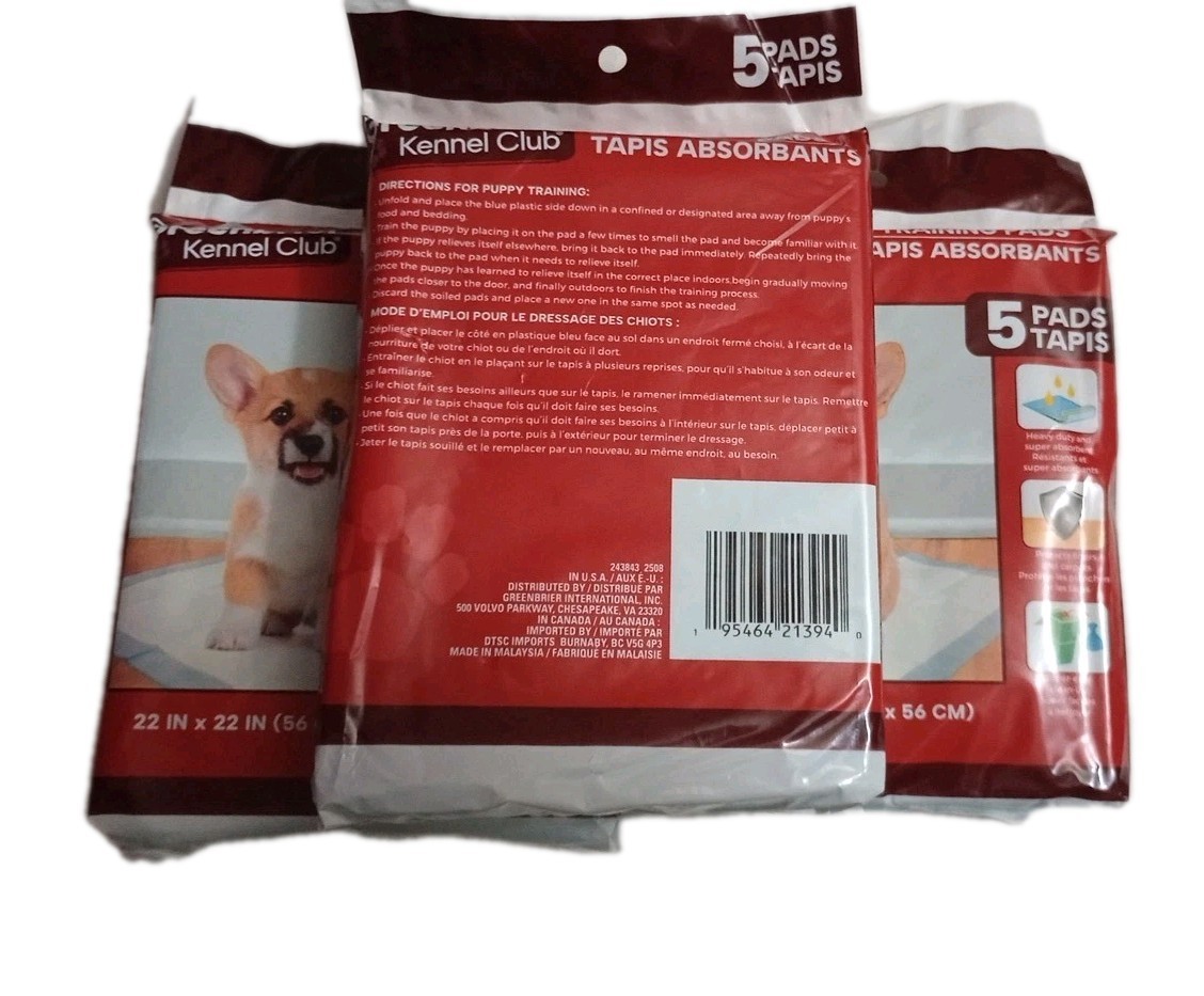 LOT OF 3- GREENBRIER KENNEL CLUB PUPPY TRAINING PADS (5 Pads) 22″ x 22″