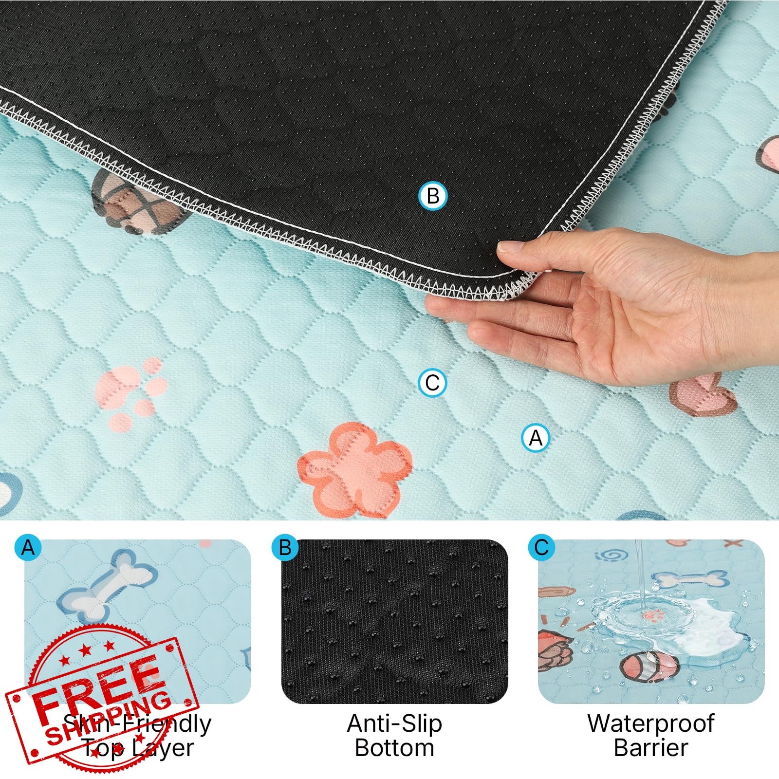 OMAGAI Pee Pads Blue 36x41in 2 Pack Washable Leak-Proof