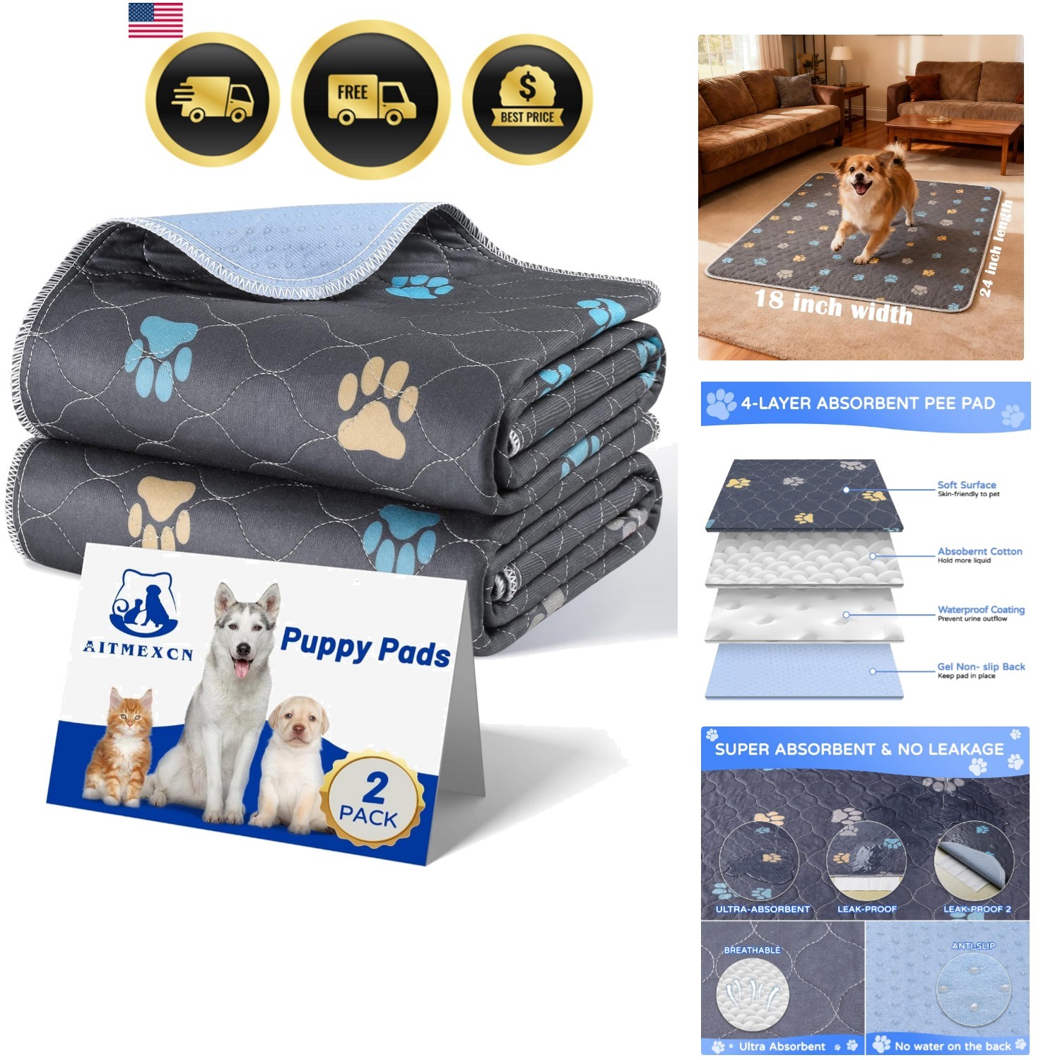 Washable Puppy Dog Pee Pad Reusable Leakproof Training Mat for Indoor Outdoor…