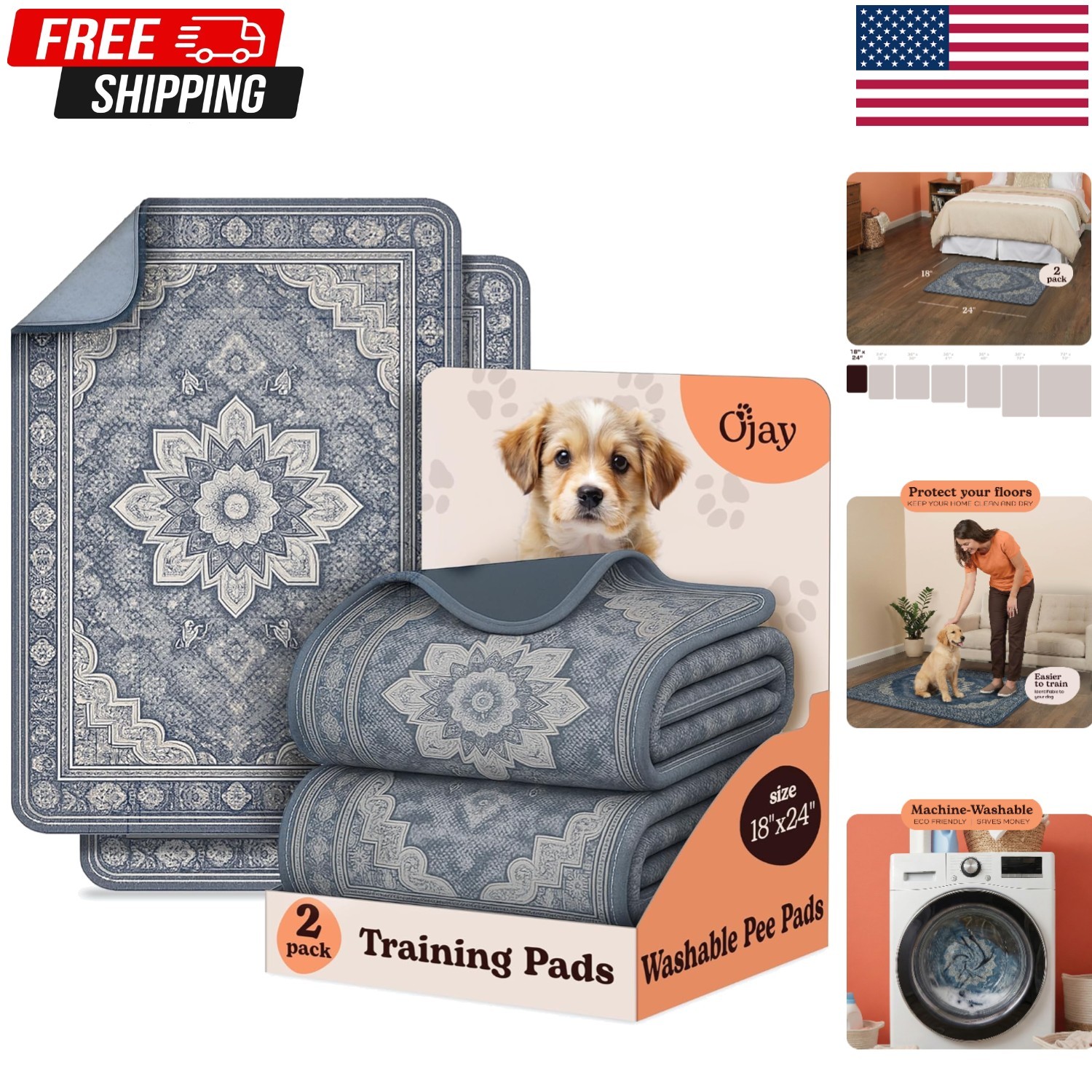 Washable Dog Pee Pads 2-Pack 18″x24″ Reusable Leakproof Training Mats Non-Slip
