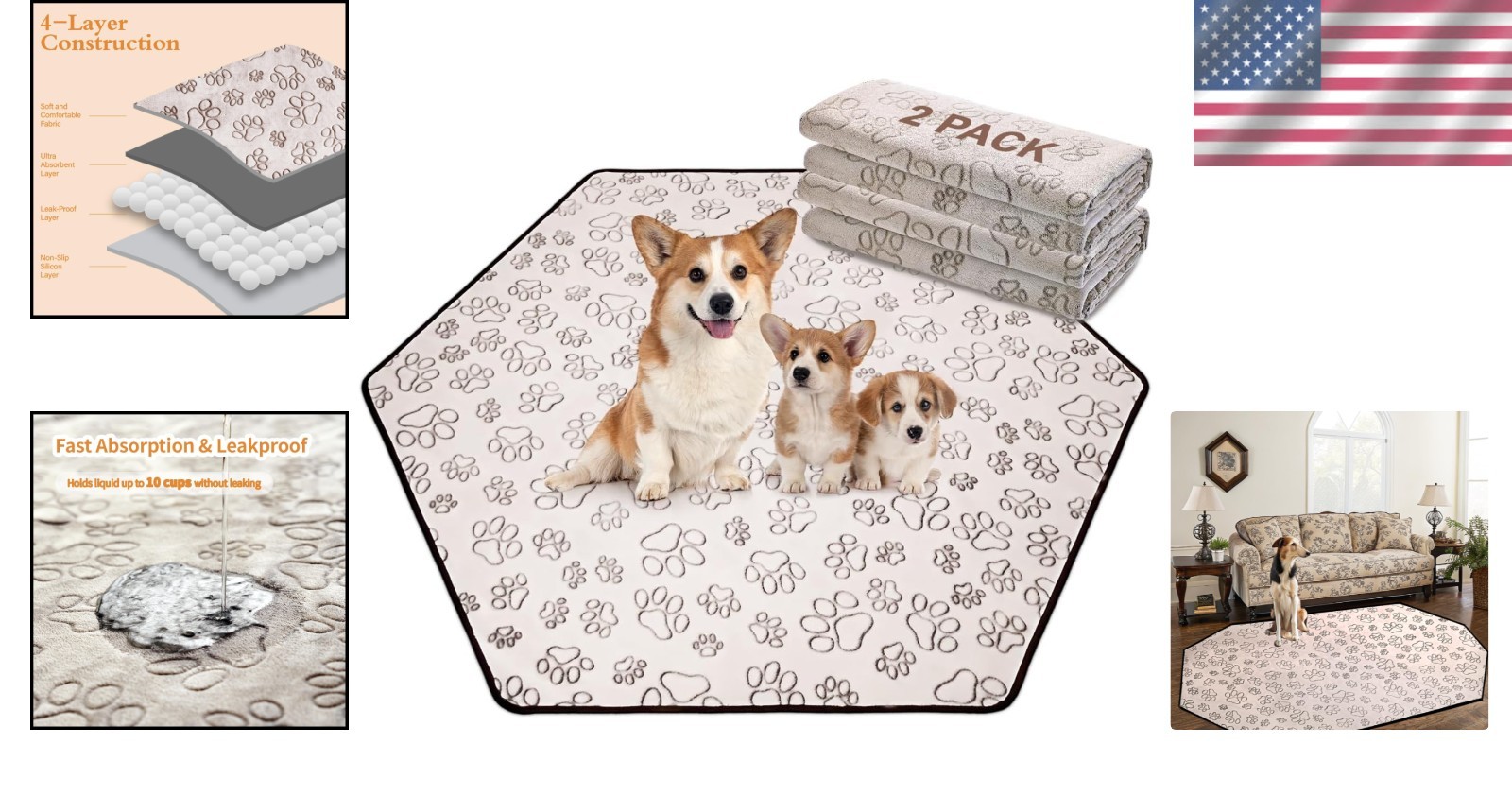 Reusable Dog Pee Pads 2 Pack XL 55×62″ Absorbent Waterproof Non-Slip