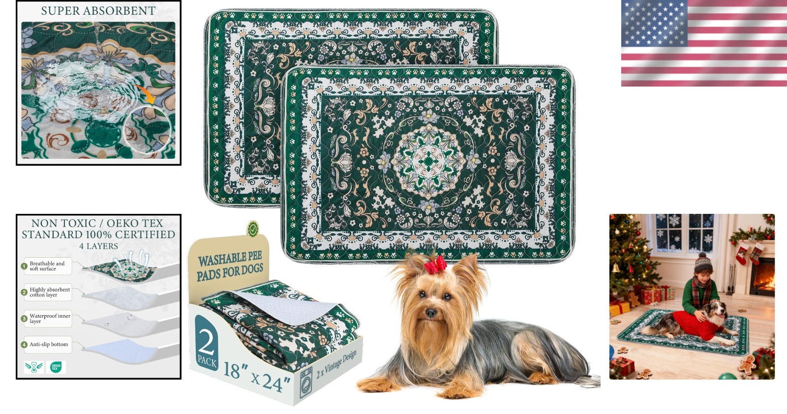 Eco-Friendly Washable Pet Pads – Vintage Floral, 18”x24”, Perfect for Training