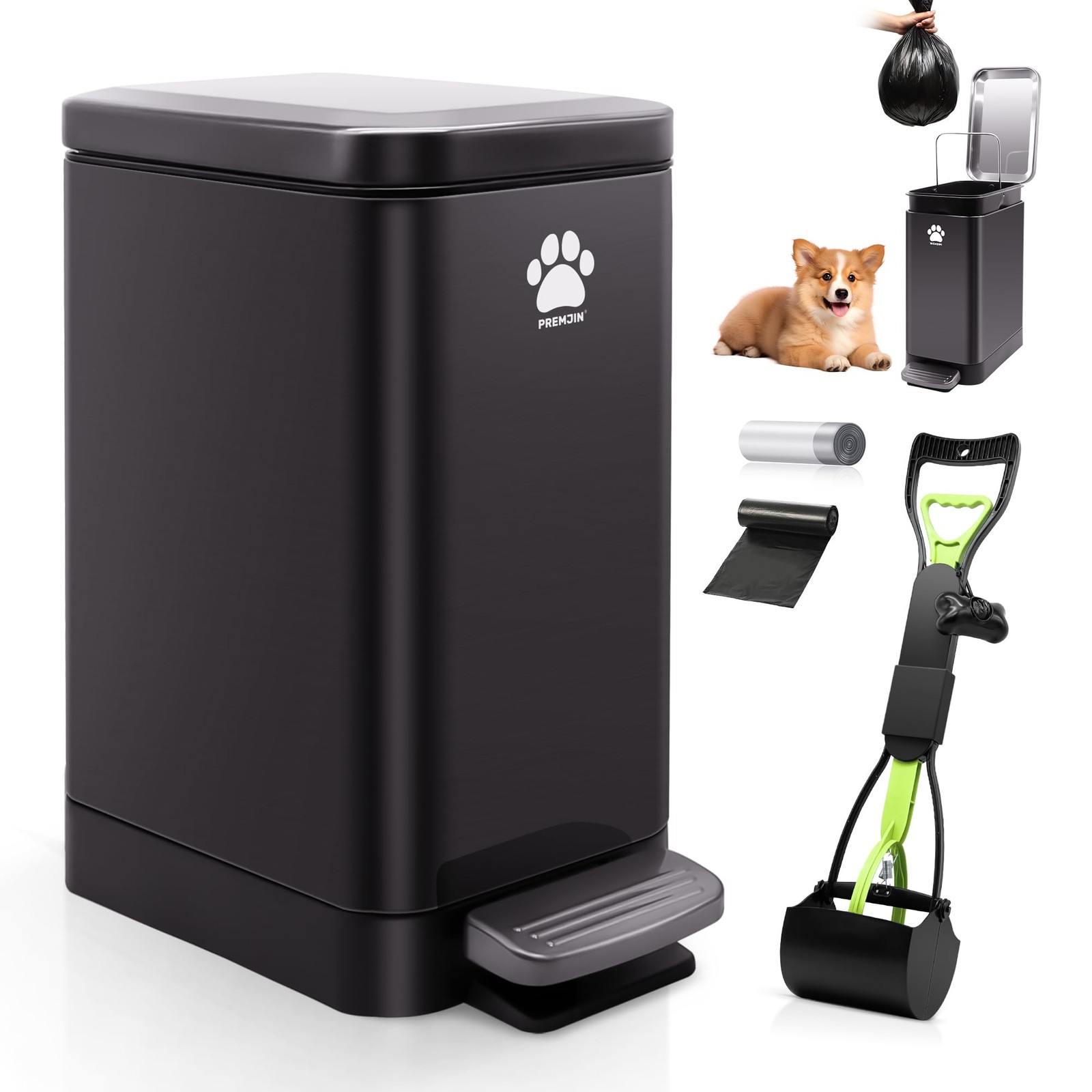 Dog Poop Trash Can Outside with Poop Scooper for Dogs, 12L/3.2Gal Metal Outdo…