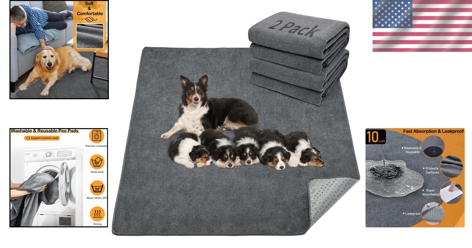 Versatile Grey Dog Pee Pads 48″x60″ – 2 Pack, Extra Large & Super Absorbent