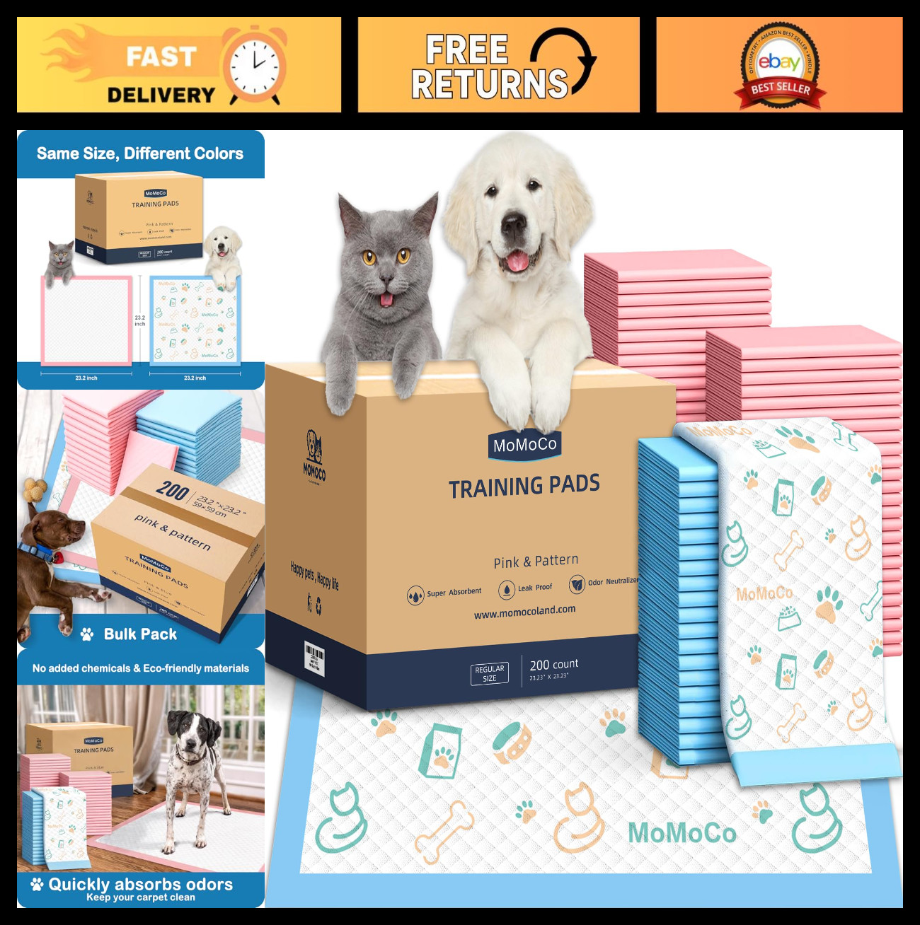 Super Absorbent Disposable Dog Pee Pads 23″x23″ – Leak-Proof Puppy Training 200-