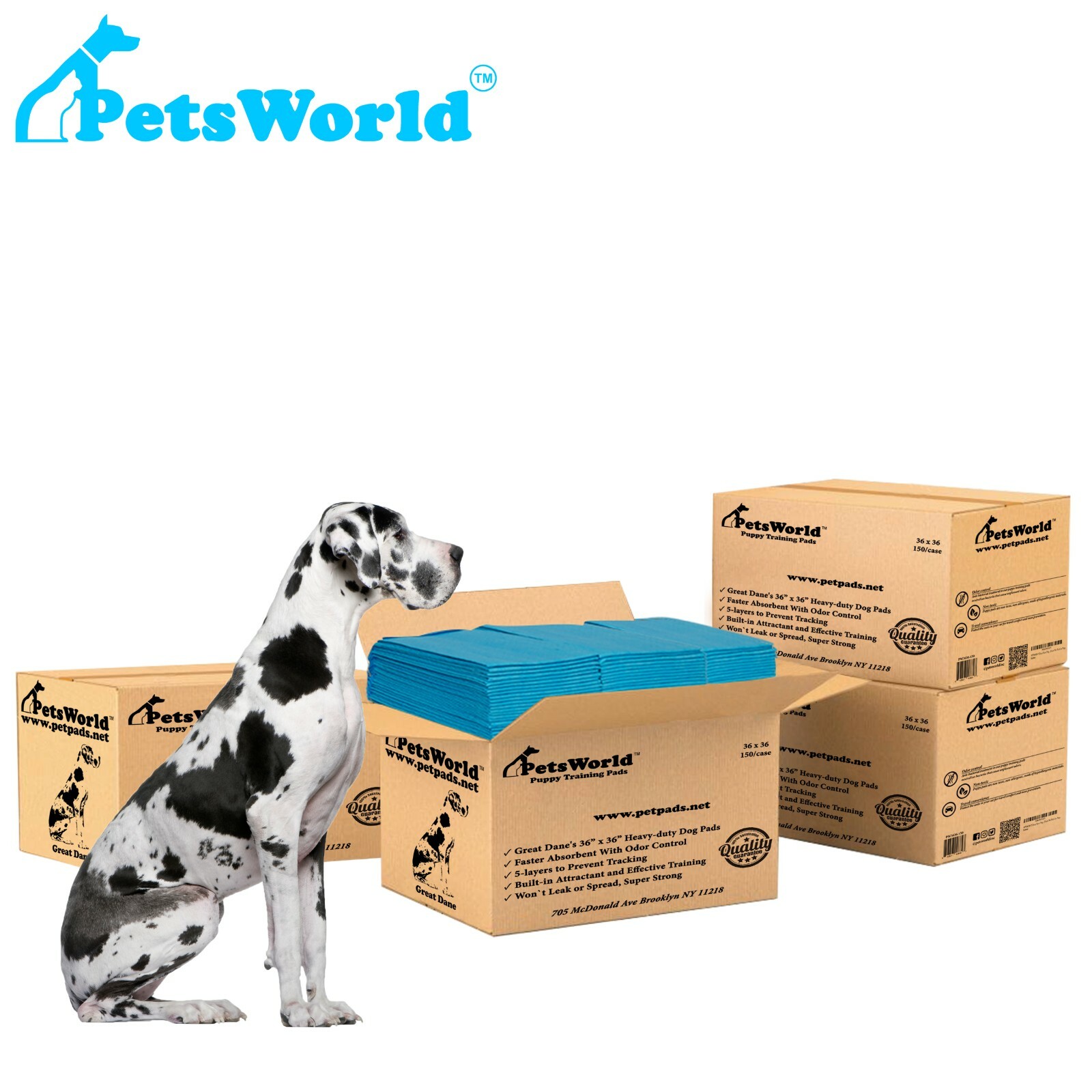 PETSWORLD Great Dane Dog Training Pads 36×36, Case 600