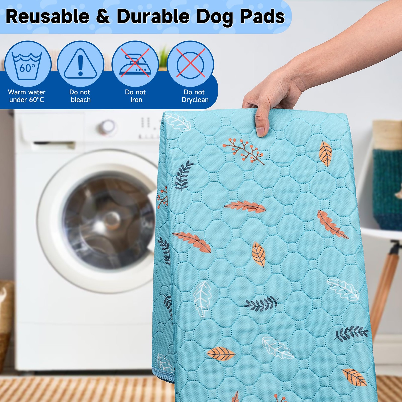 Sunheir Washable Pee Pads for Small 12×12 Inch (Pack of 5), Leaves – Sky Blue