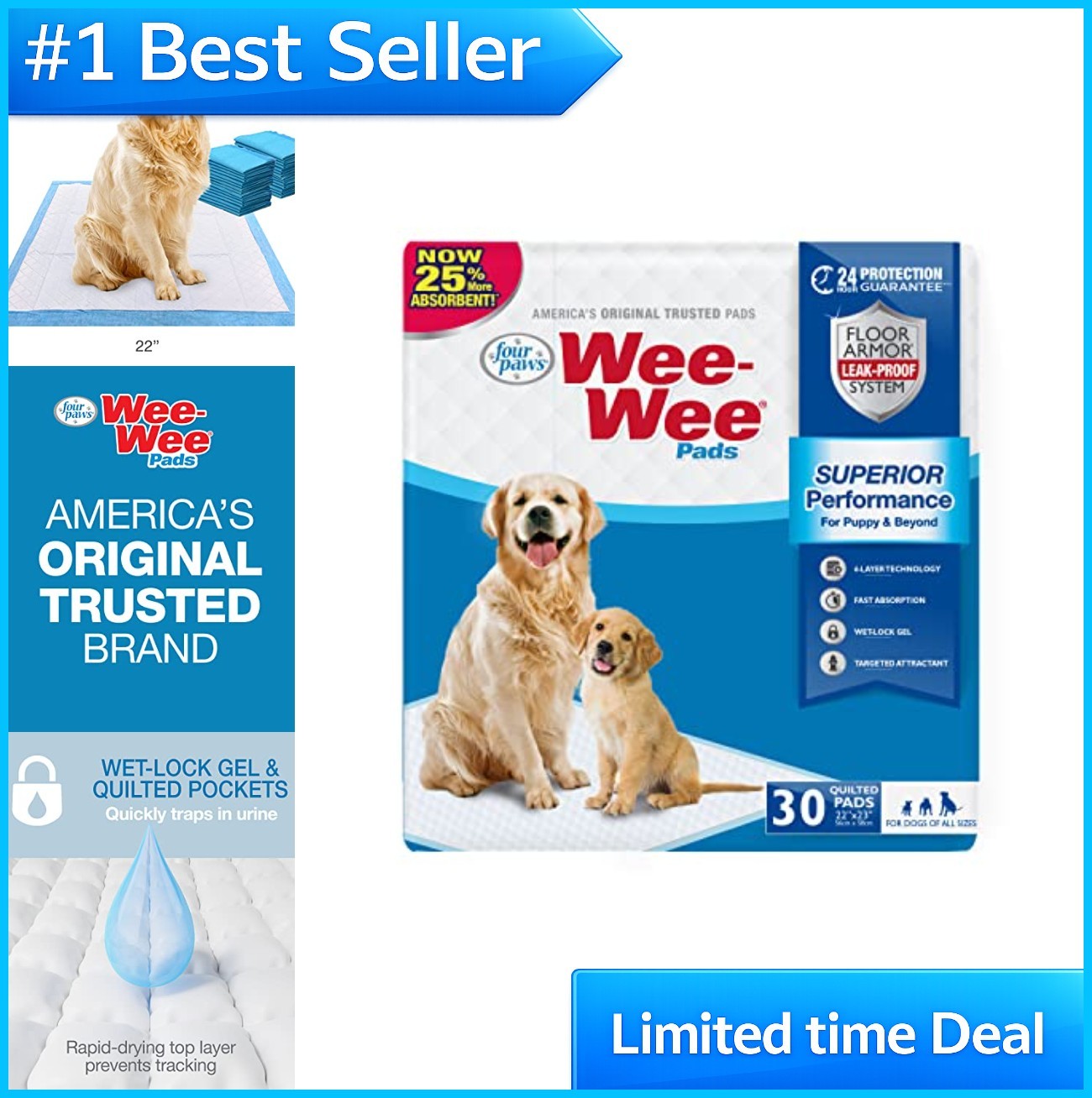 Disposable Dog Training Pads 22×23 30 Count Leak Proof Quilted Unscented Pee