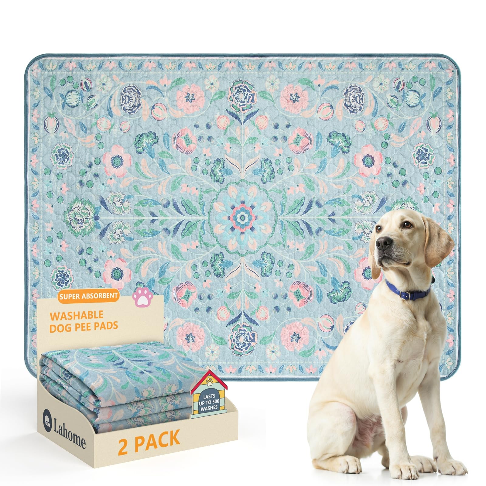 Botanical Washable Reusable Pee Pads for Dogs, 2 Pack, Blue, 36×48