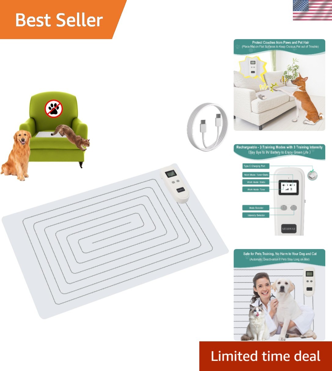 Rechargeable 22″x14″ Pet Training Mat – Humane Shock Pad for Cats & Dogs