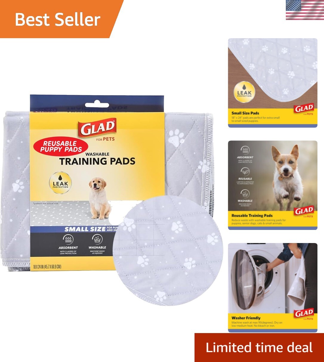 Glad Reusable Dog Training Pads – Washable 18×24 Inches with Leak Protection