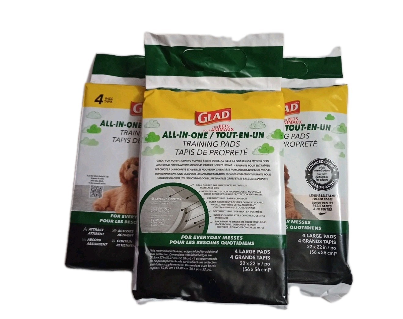 LOT OF 3- GLAD (ALL-IN-ONE) TRAINING PADS/4 LARGE PADS (22” x 22”) FOR PETS