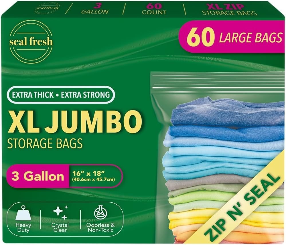 10 Gallon Large Plastic Storage Bags – 24″ x 24″ 15 Count – Reusable XXL Extra