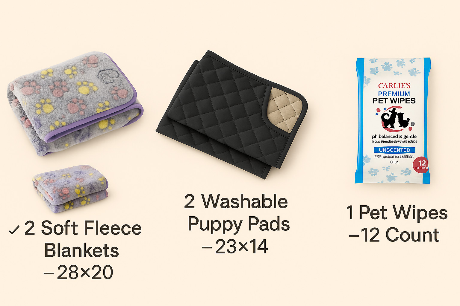 Puppy Dog Crate Training Kit – 2 Washable Pee Pads 2 Soft Blankets 1 Pack Wipes