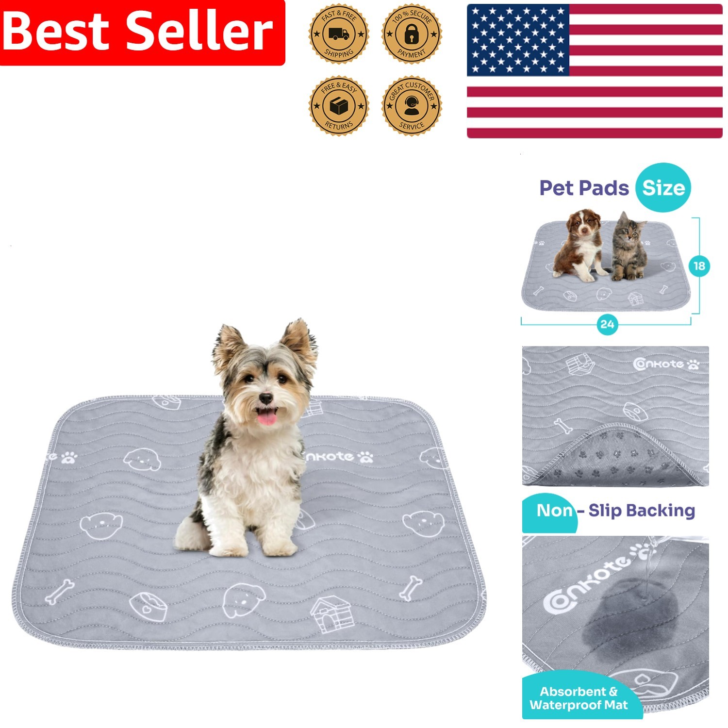 Pet Training Pads 2 Pack Reusable Waterproof Mat Gray 18×24 Inches Floor Protect