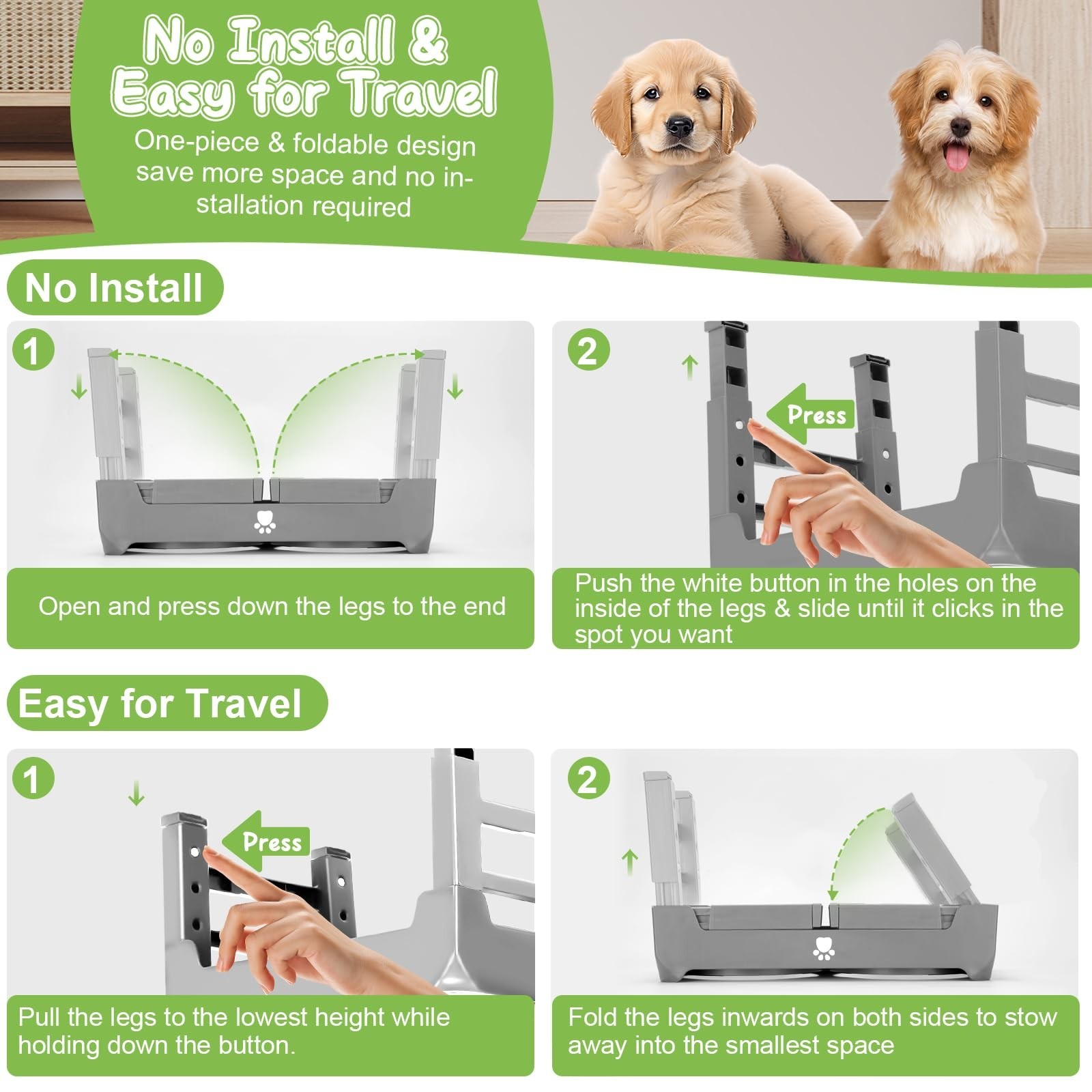 Elevated Raised Dog Bowl Stand with 2 Stainless Steel Bowls, Adjustable Heigh…