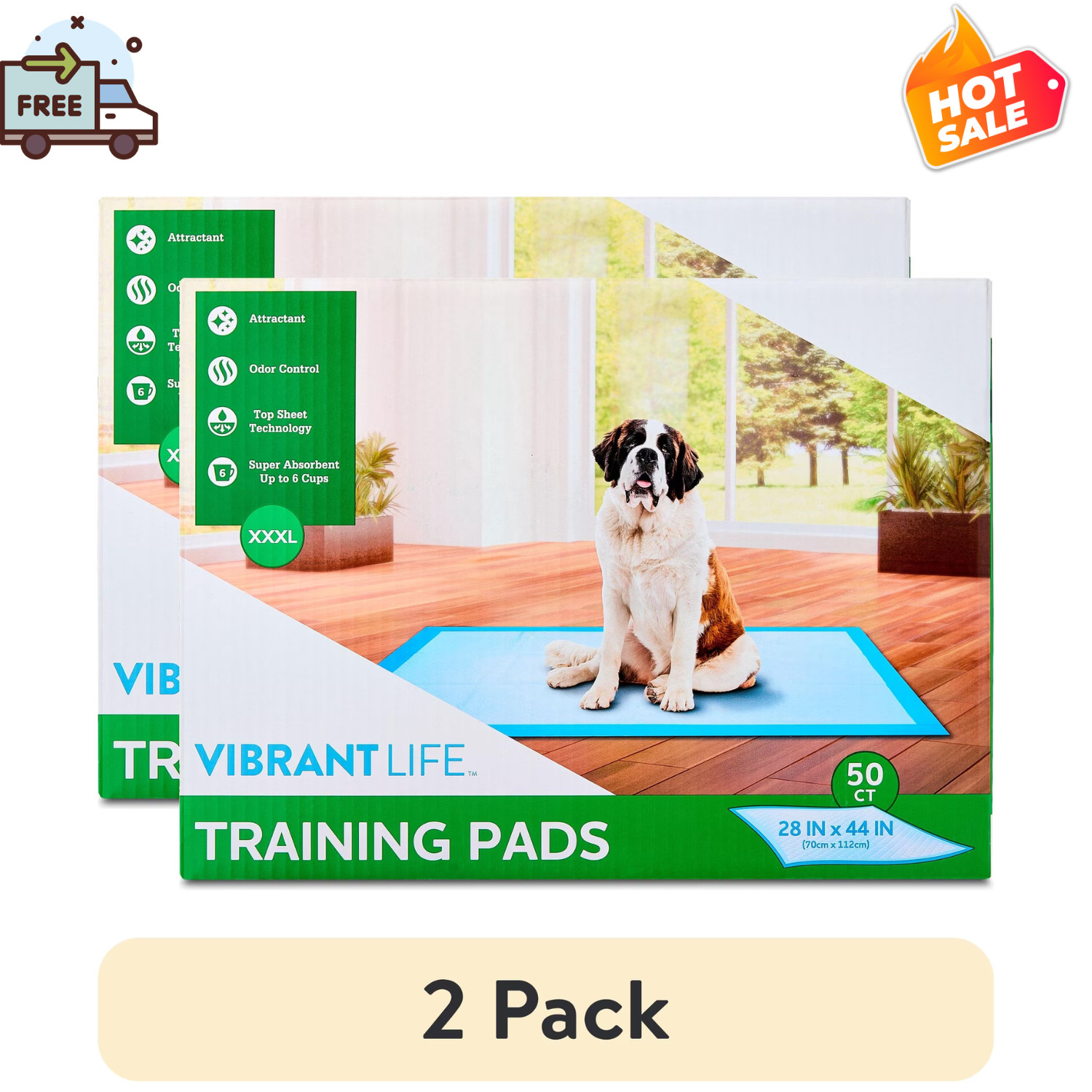 2 Pack Vibrant Life Dog Pads XXXL 28×44 50Ct Leak Proof Training Pads Absorbent