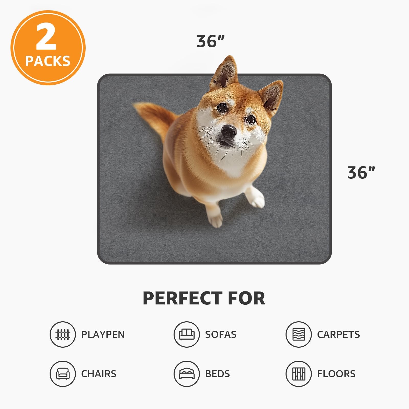 Washable Dog Pee Pads 36×36 2Pack Reusable Puppy Pads, 36″x36″-2PACK, Gray