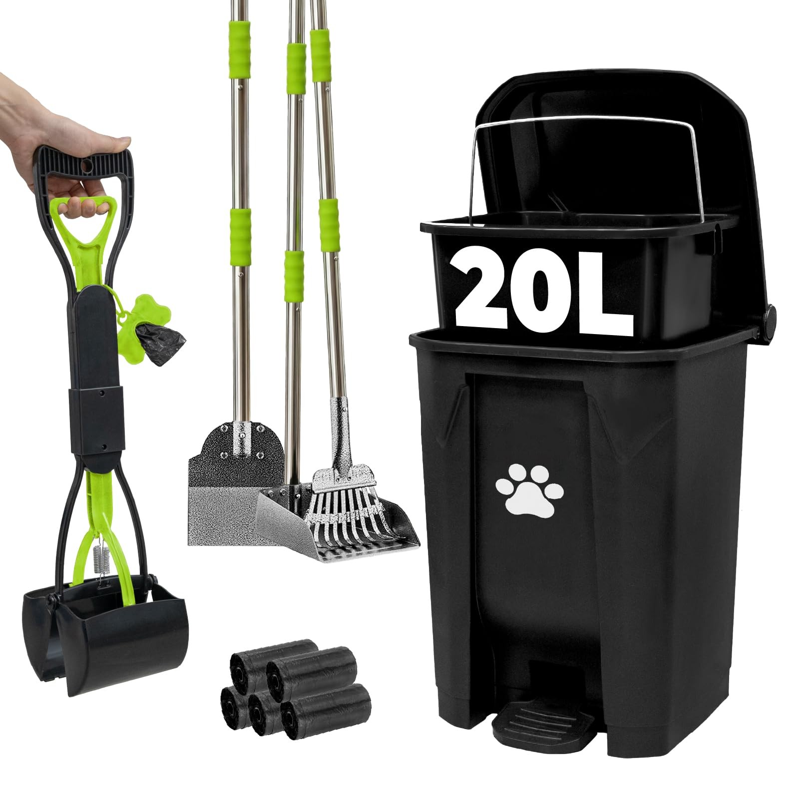 20L Pooper Scooper with Dog Poop Trash Can Outside, Heavy Duty Long Handle Do…