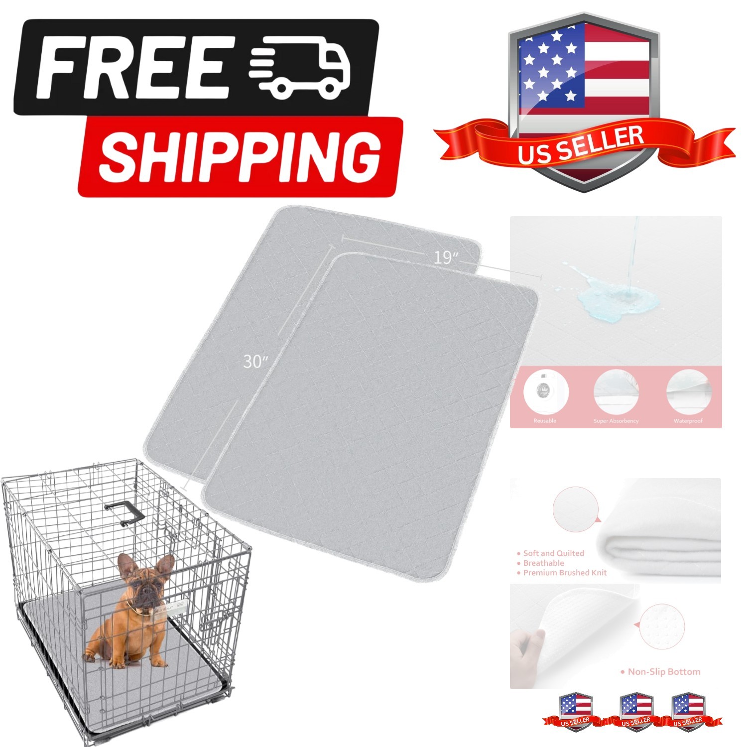 Dog Crate Mat and Washable Pee Pads for Dogs 2 Pack30″X19″, Waterproof Non-Sl…