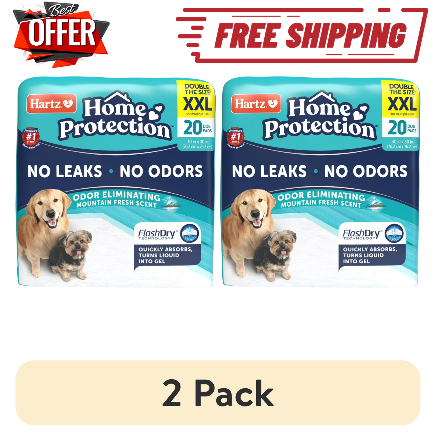 2 Pack Hartz Dog Pads 2XL 30×30 20Ct Mountain Fresh Odor Control Leak Training