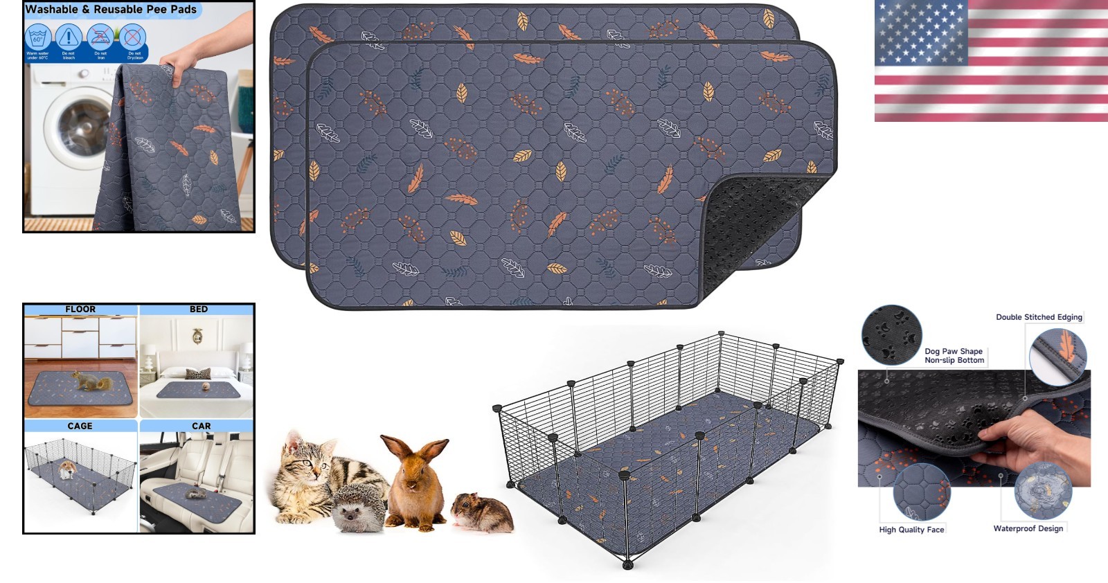 Absorbent Washable Guinea Pig Pee Pads 24″x48″ – Deep Grey with Anti-Slip Design