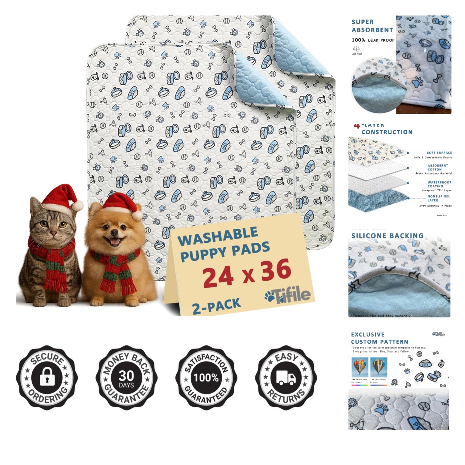 Stylish Bone Print Reusable Dog Training Pads – 2 Pack, 24x36in Leakproof Design