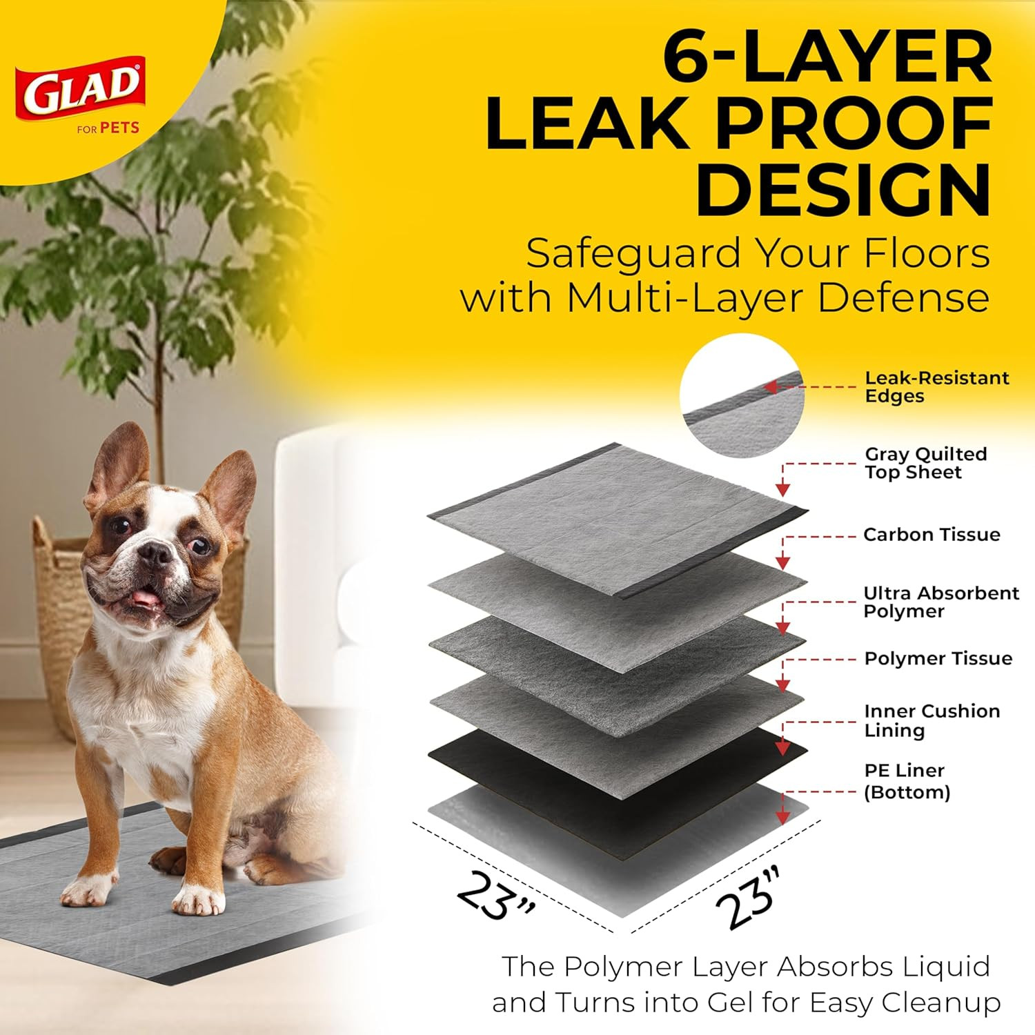 for Pets Black Charcoal Puppy Pads, 23 X 23 Inch, 6-Layer Leak-Resistant Design,
