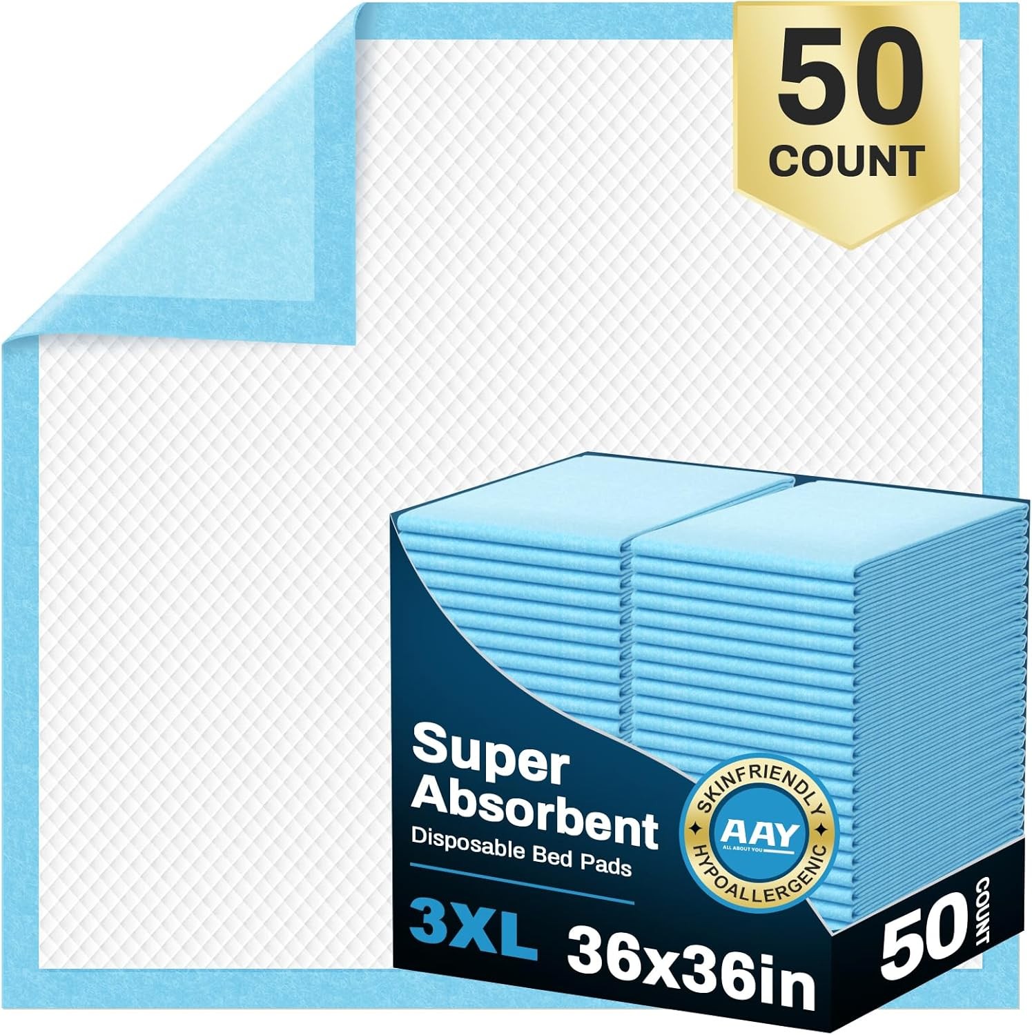 AAY 36″x36″ 50-Count Disposable Bed Pads, Heavy Duty, Super Absorbent