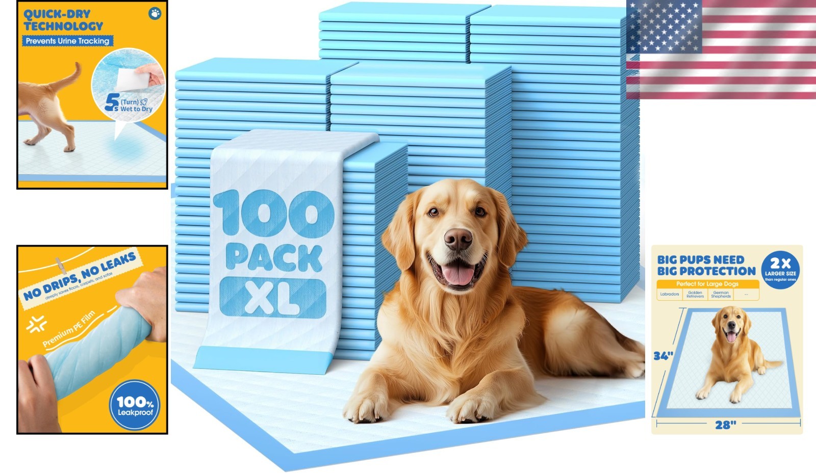 Durable 100-Pack Extra Large Puppy Pads – 34″x28″ with Easy Storage & Cleanup
