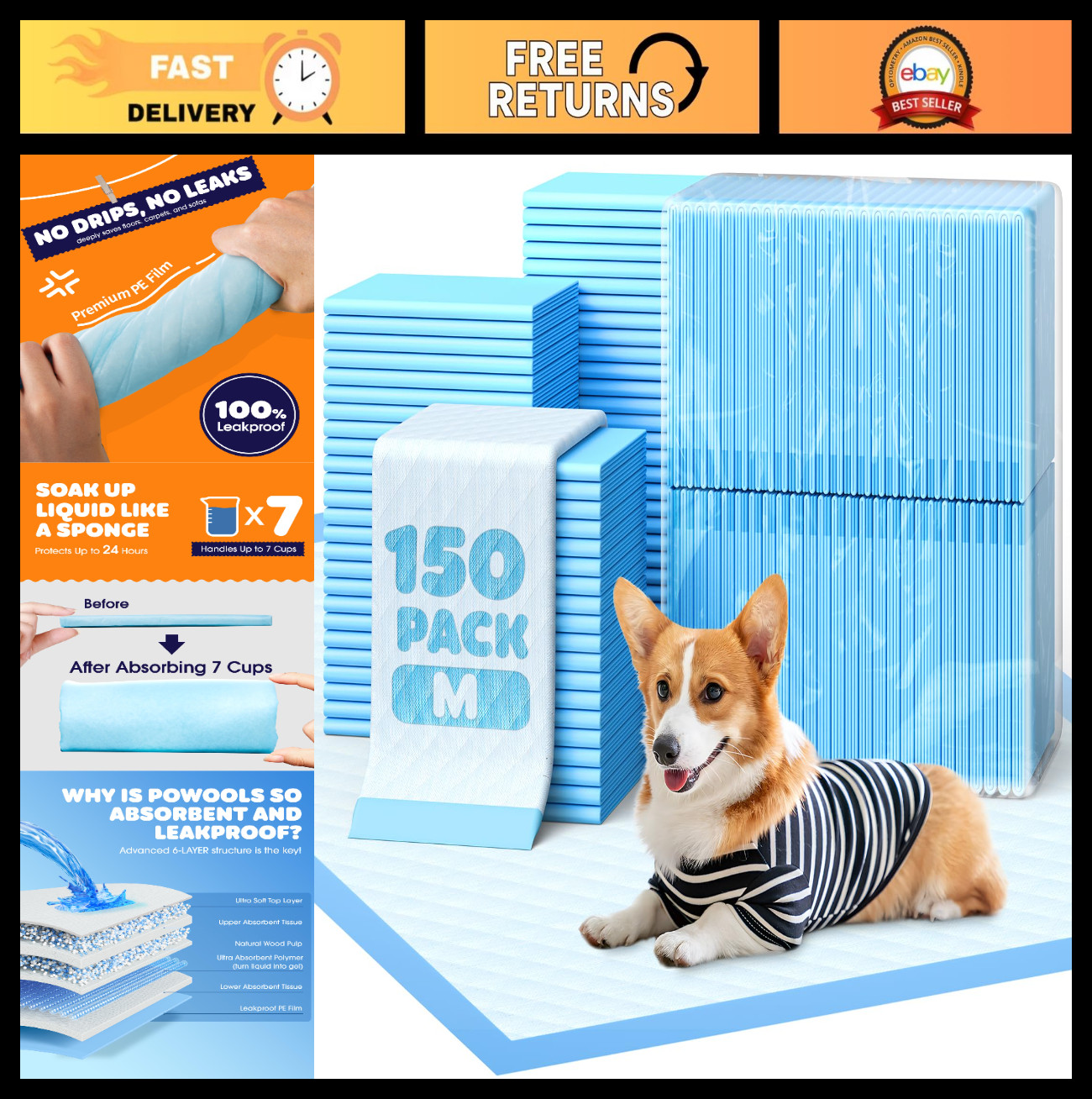 Super Absorbent Puppy Pads 22×22 in, 150 Pack, Quick-Dry, Spill-Proof, 6-Layer P