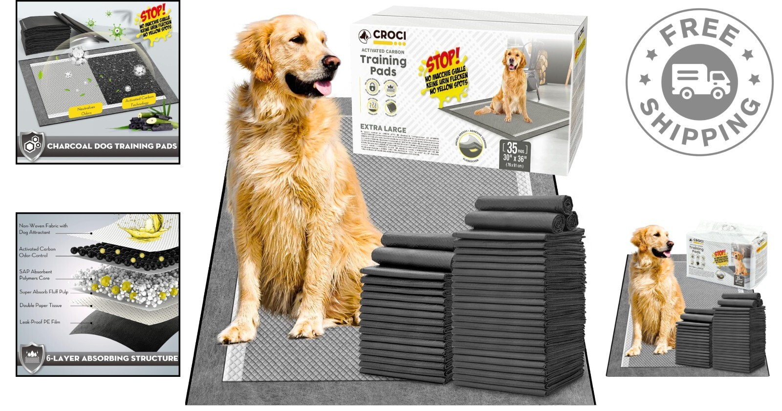 XXL 30x36in Dog Training Pee Pads – 6-Layer Absorbent with Adhesive Tabs (35ct)