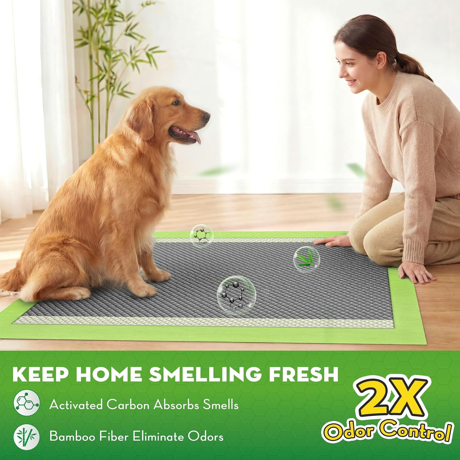 Pee Pads for Dogs, 30″X36″ XXL Puppy Pads, 2X Odor-Control with Charcoal & Bambo