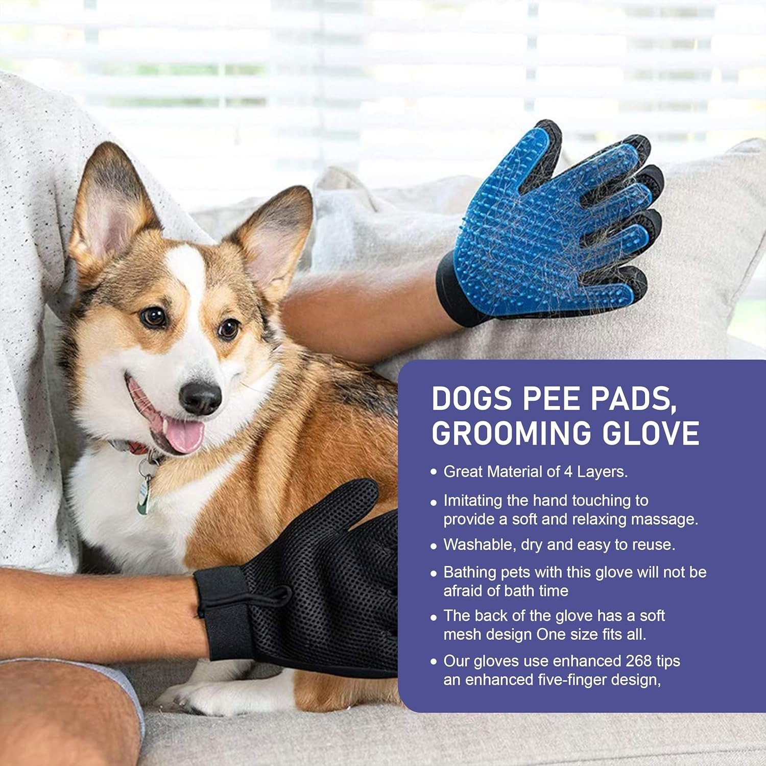 Pawriffic Washable Pee Pads for Dogs | 2 Pk | with FREE Pet Grooming gloves Blue