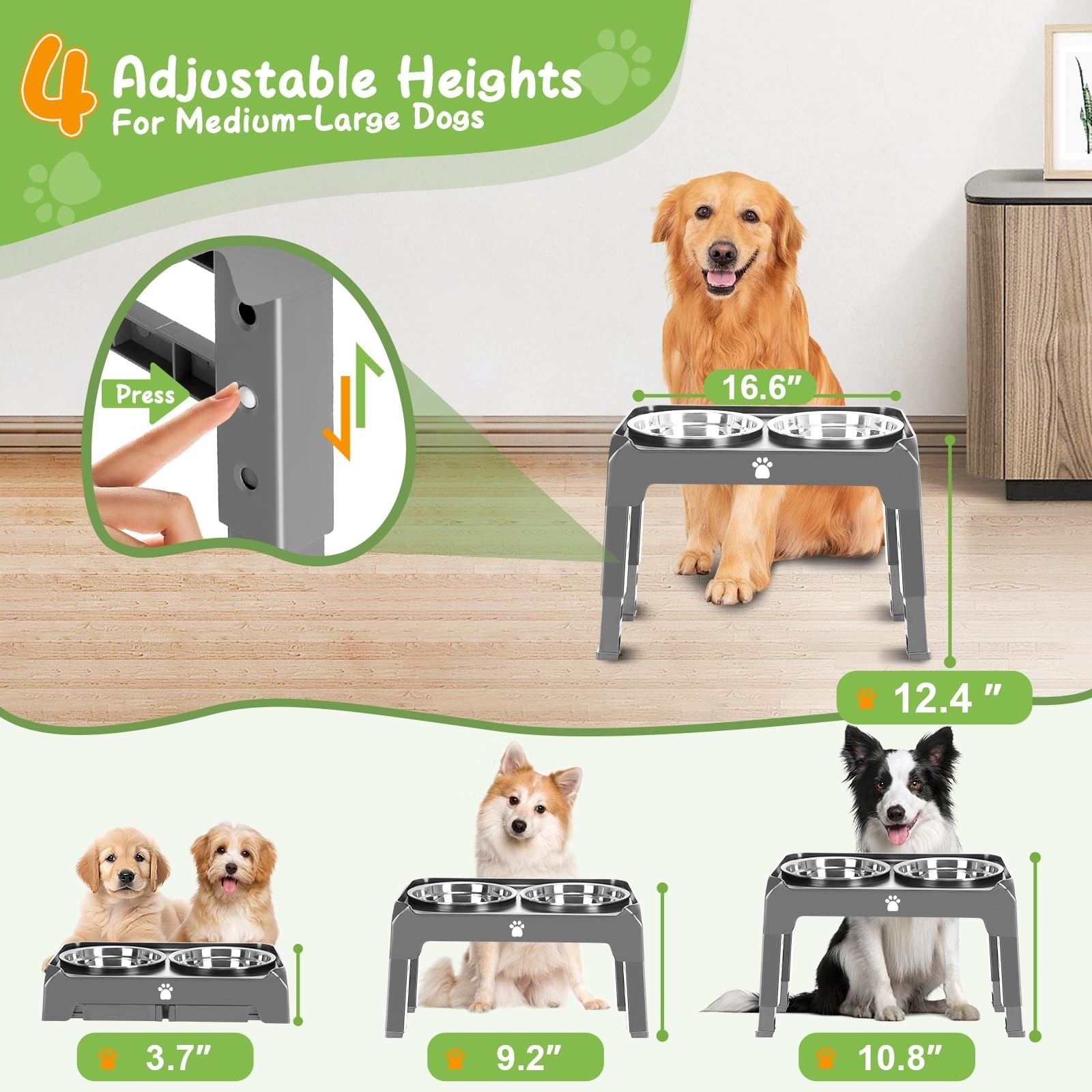 Elevated Raised Dog Bowl Stand with 2 Stainless Steel Bowls, Adjustable Heigh…