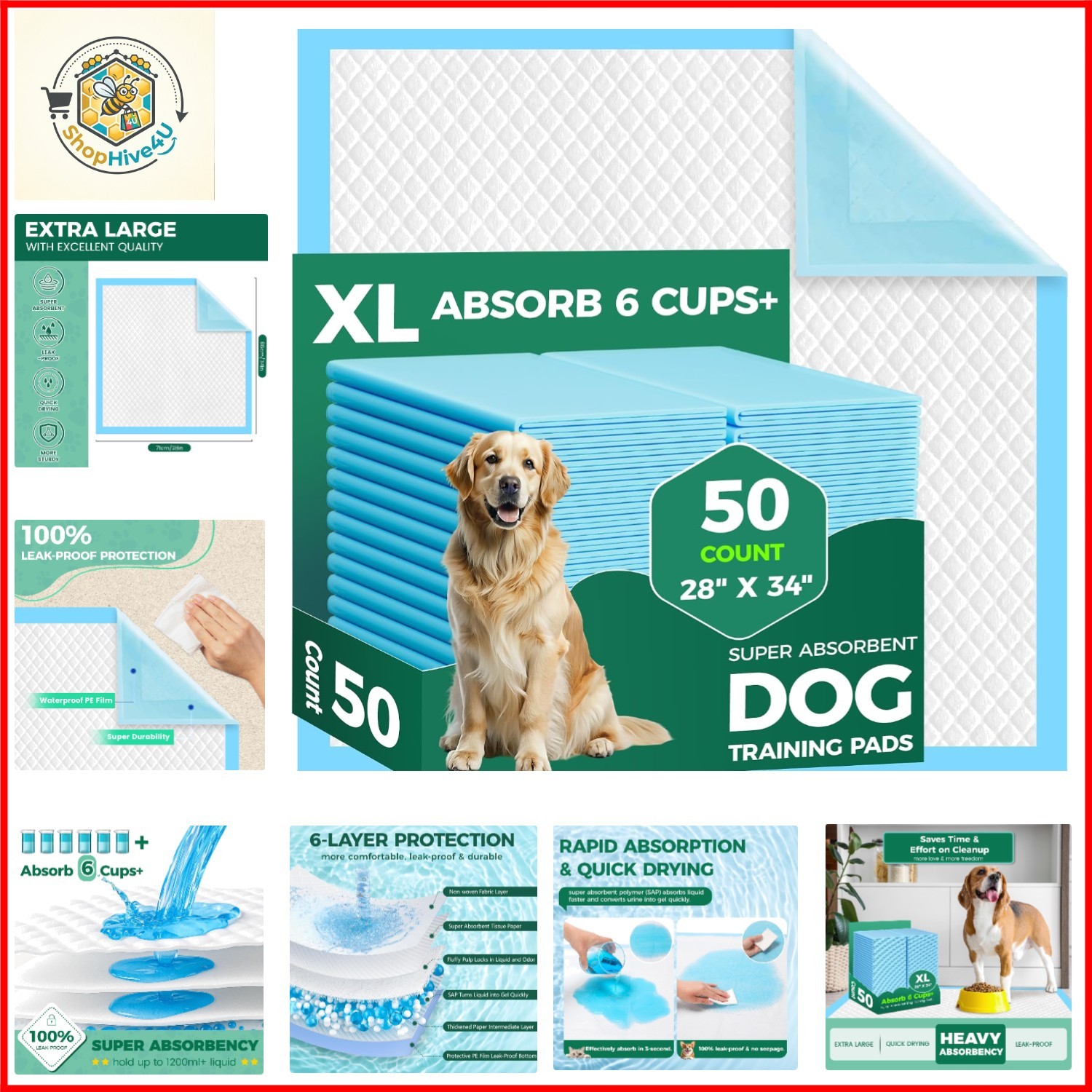 50 Count Dog Pee Pads Extra Large- 28″ x 34″, Super Absorbent Leak-Proof XL P…