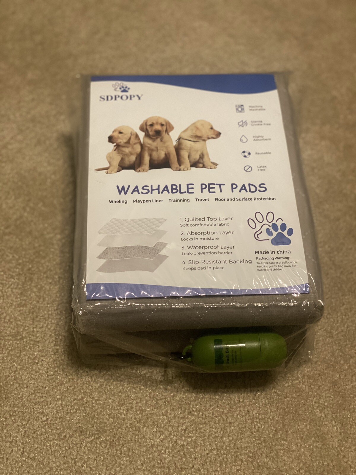 SDPOPY washable pet pads 3pack 18×24”brown & free pet trash bag holder