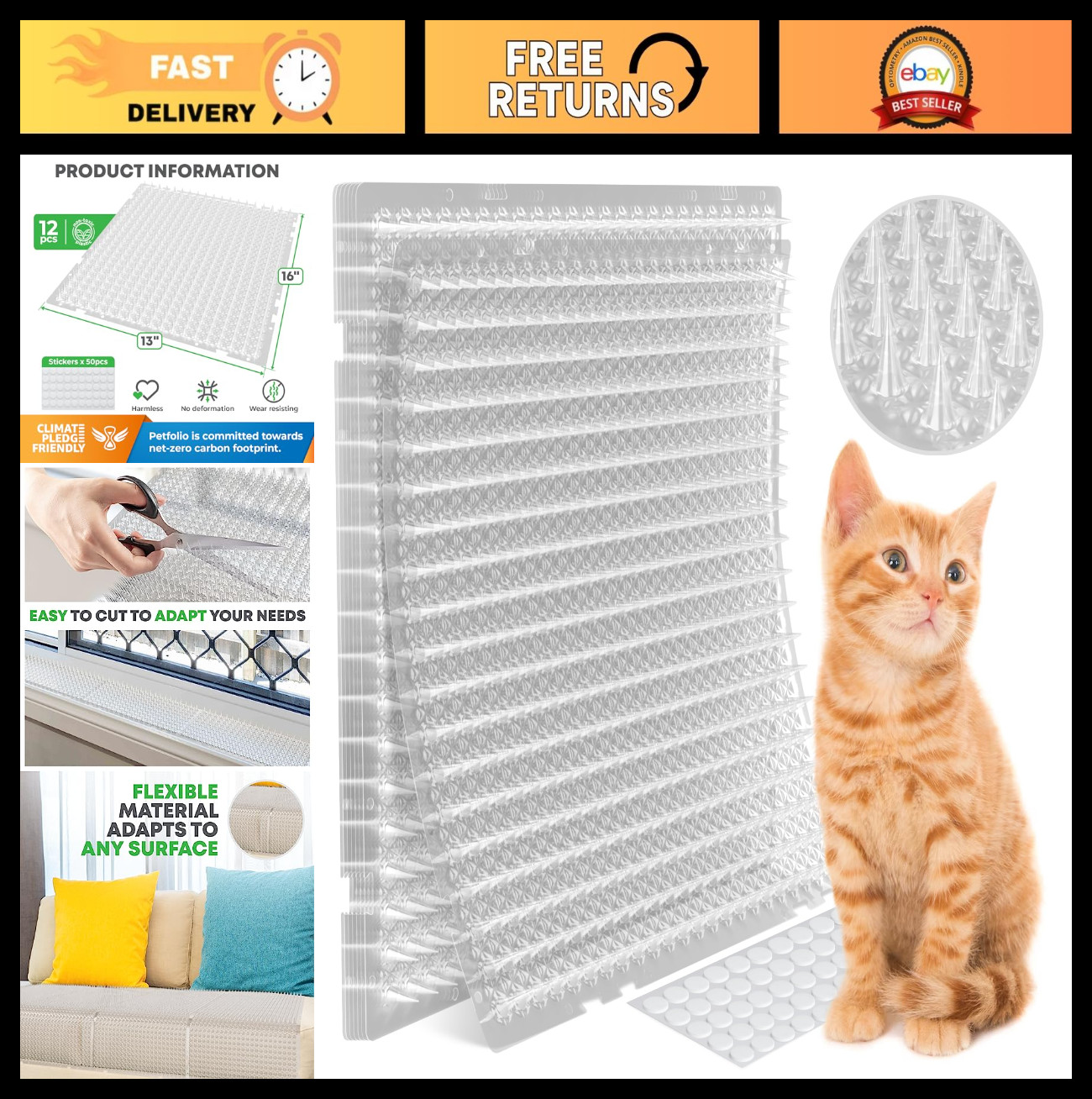 12 Pack Cat Spike Mat – 16×13 Inch Scat Mat for Indoor/Outdoor Pet Training & Re