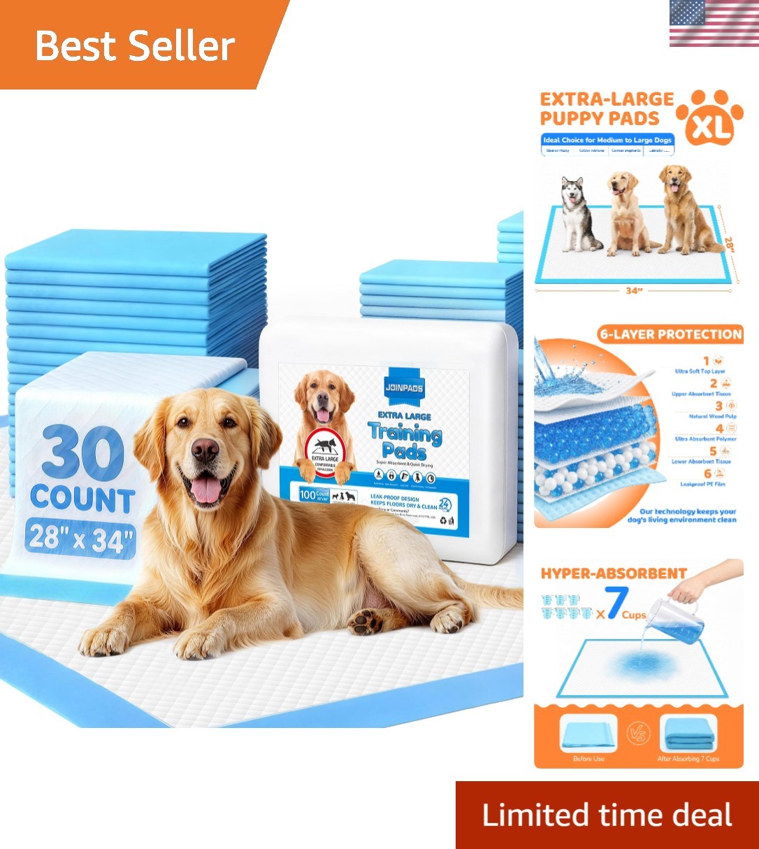 Superior Absorption Puppy Pads 28″x34″ – 30 Count Quick-Dry & Tear Resistant