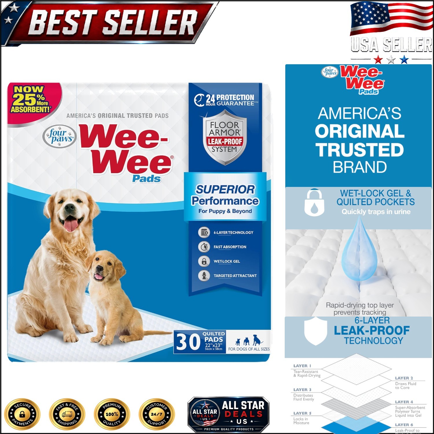 22″ x 23″ Wee-Wee Superior Dog Pee Pads – 6 Layers of Leak Protection, 30 Count