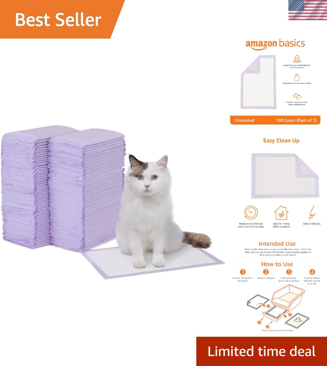 Pack of 100 Unscented Cat Litter Pads with Superior Absorbency & Odor Control