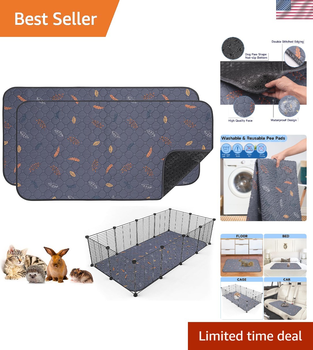 2 Pack Washable Guinea Pig Pee Pads, 24″ x 48″ Waterproof Reusable Guinea Pig…