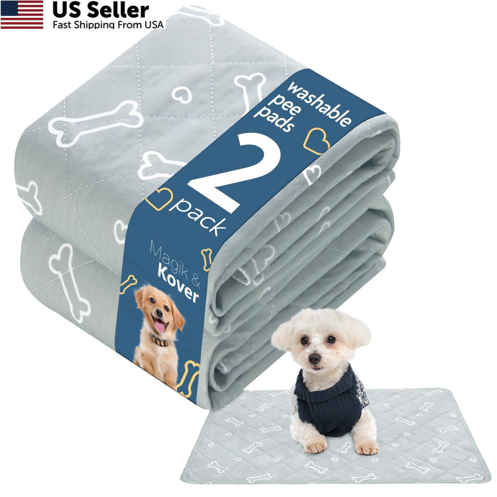 Washable Pee Pads for Dogs, 2 Pack Reusable Puppy Pads, Super 18″ x 24″, Gray