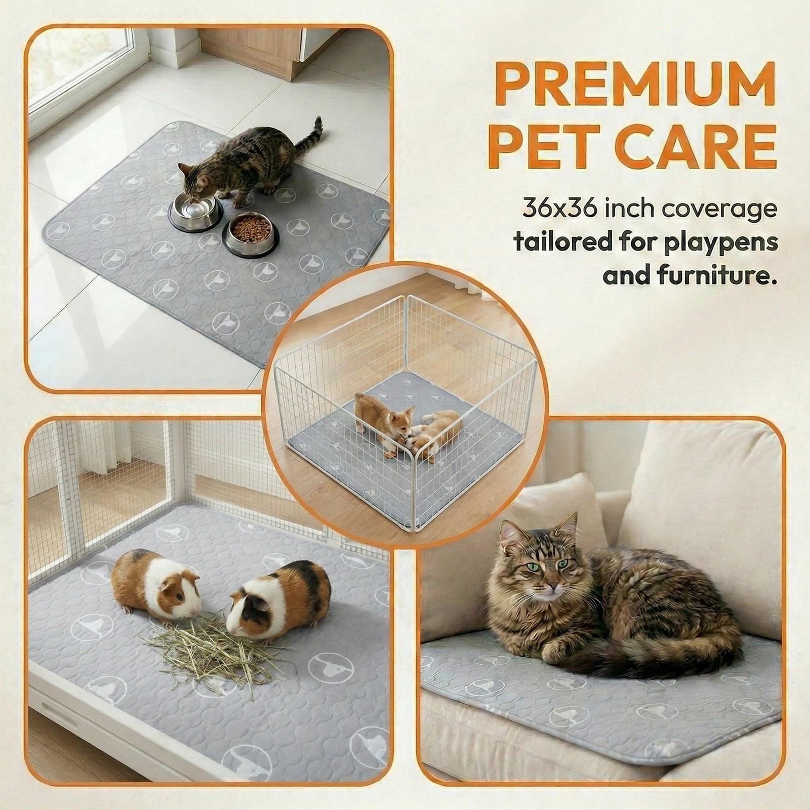 2 Pack NonSlip 36×36 Inch Pet Playpen Mat 3Layer Comfort Washable Gray