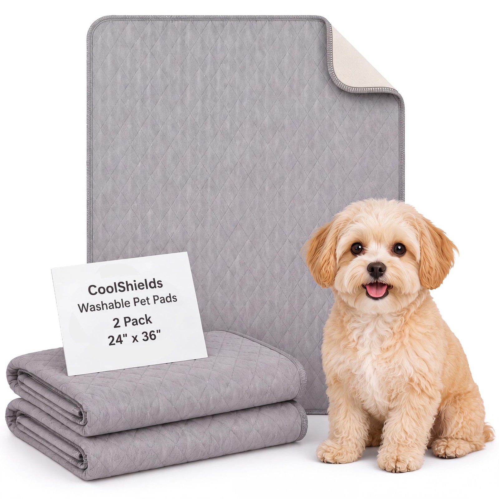 CoolShields Washable Pee Pads for Dogs, 24” x x 36”(2 Pack), Gray