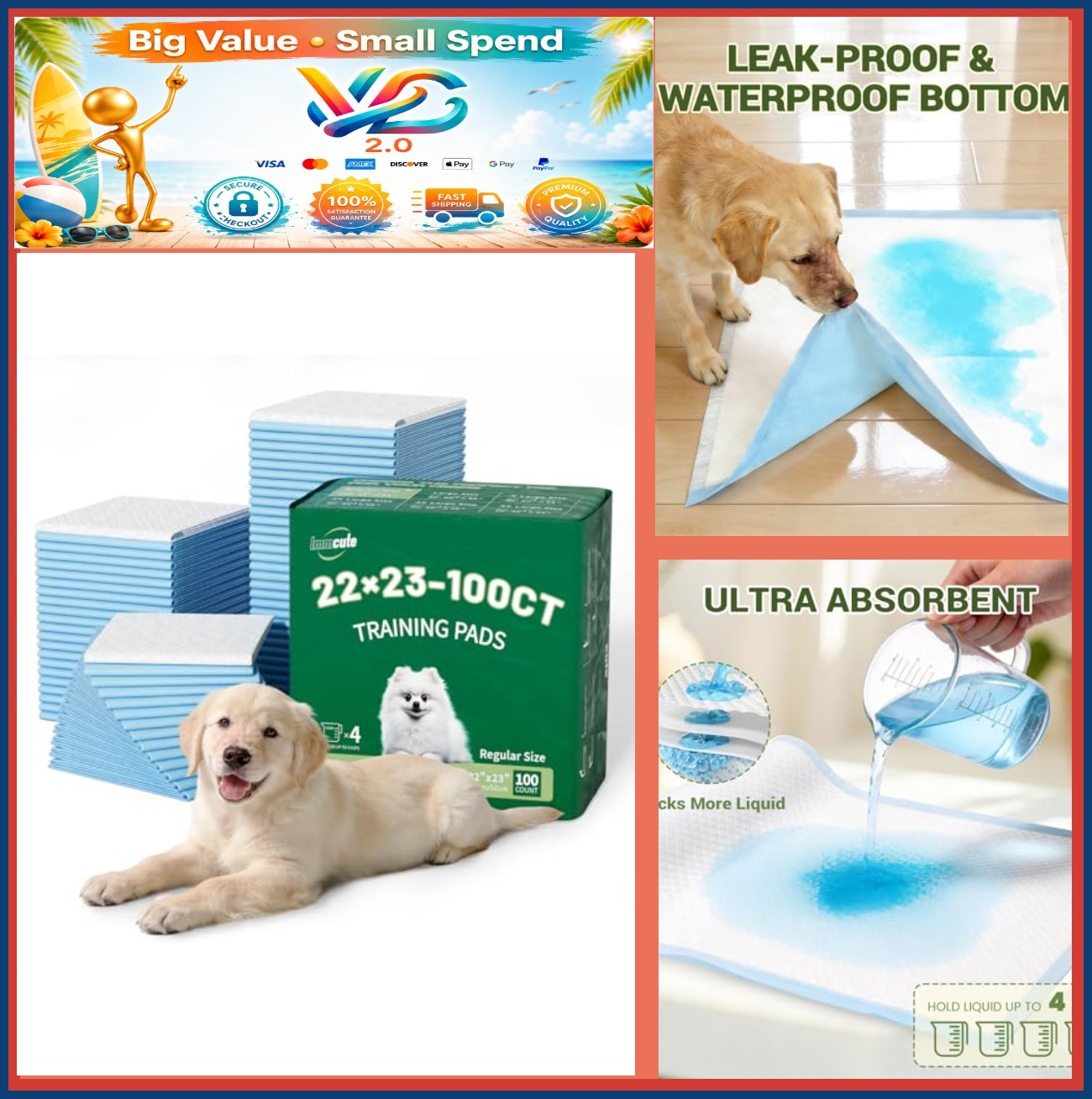 100 Count Premium Puppy Pads 22×23 Dog Pee Pads 6-Layer Leak Proof Super