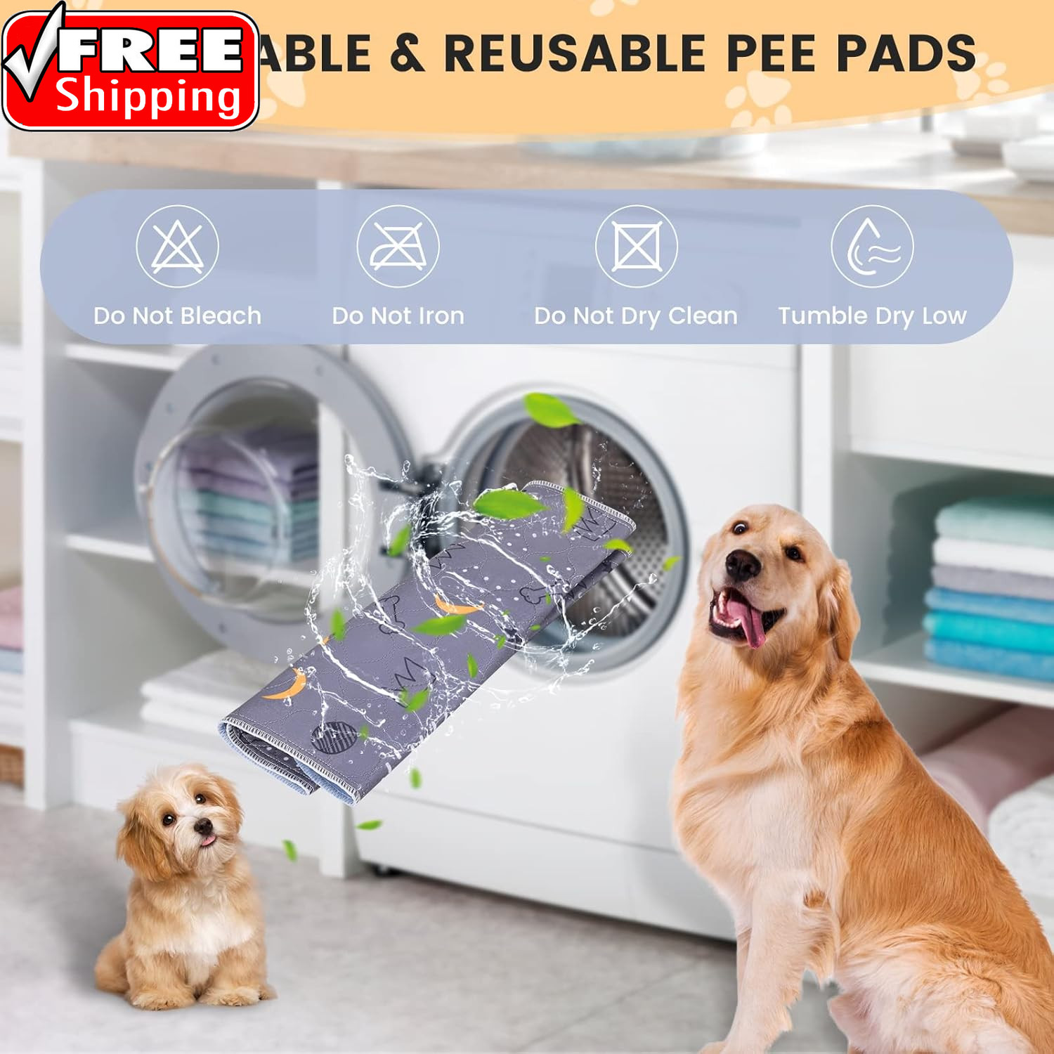 Washable Pee Pads for Dogs 2 Pack 34″ X 36″ Reusable Puppy Pads Waterproof Pet T